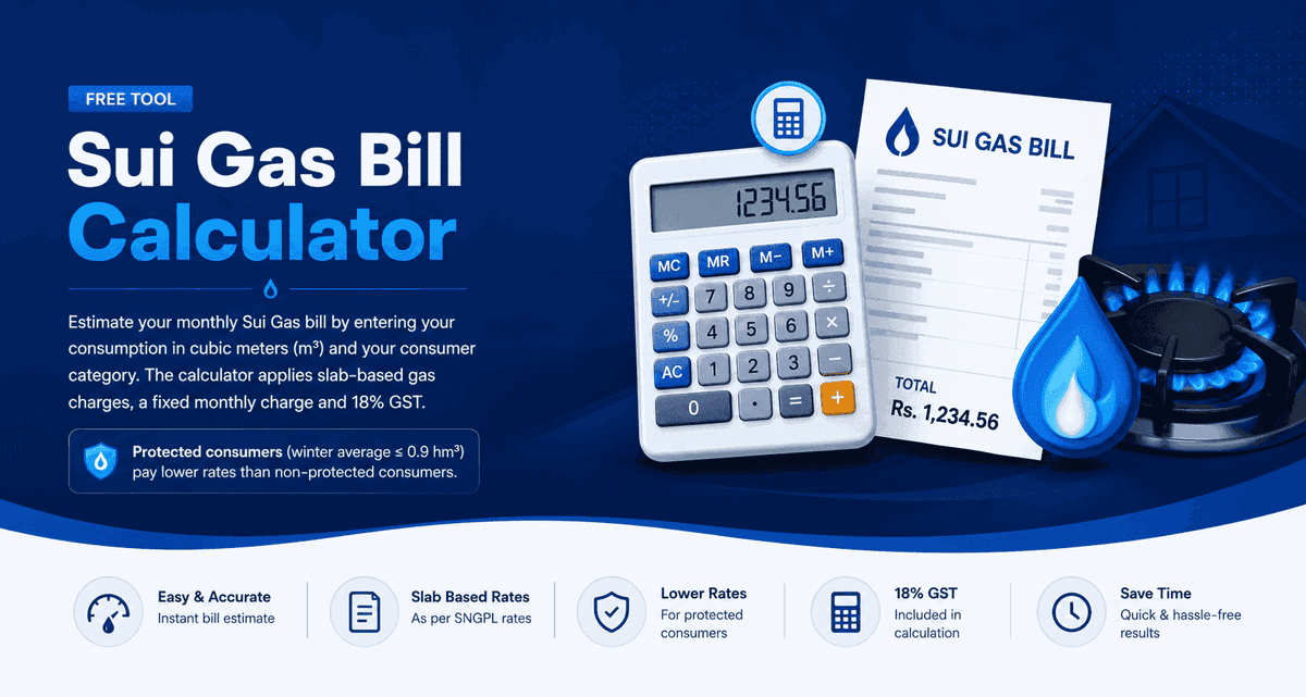 Sui Gas Bill Calculator 2026 — SNGPL SSGC monthly slab rate estimate tool Pakistan